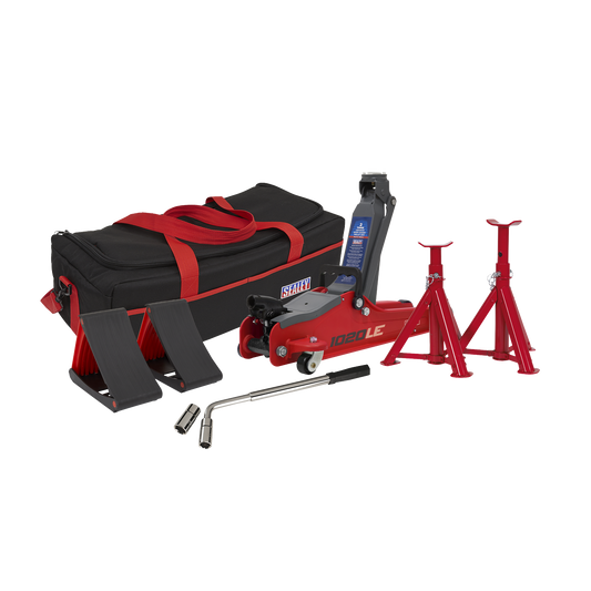 Low Entry Short Chassis Trolley Jack & Accessories Bag Combo, 2 Tonne - Red 1020LEBAGCOMBO