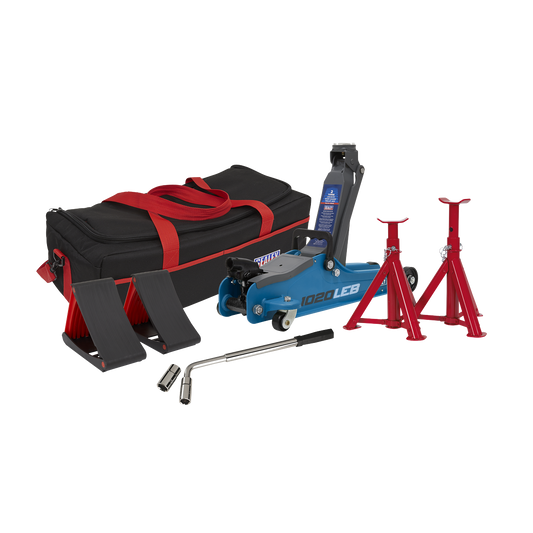 Low Entry Short Chassis Trolley Jack & Accessories Bag Combo, 2 Tonne - Blue 1020LEBBAGCOMBO