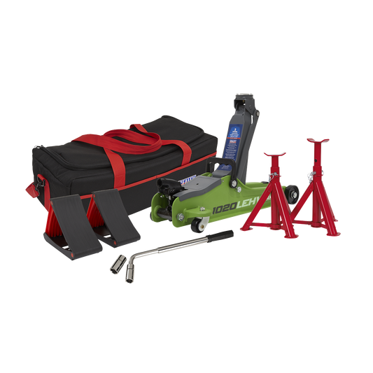 Low Entry Short Chassis Trolley Jack & Accessories Bag Combo, 2 Tonne - Green 1020LEHVBAGCOMBO