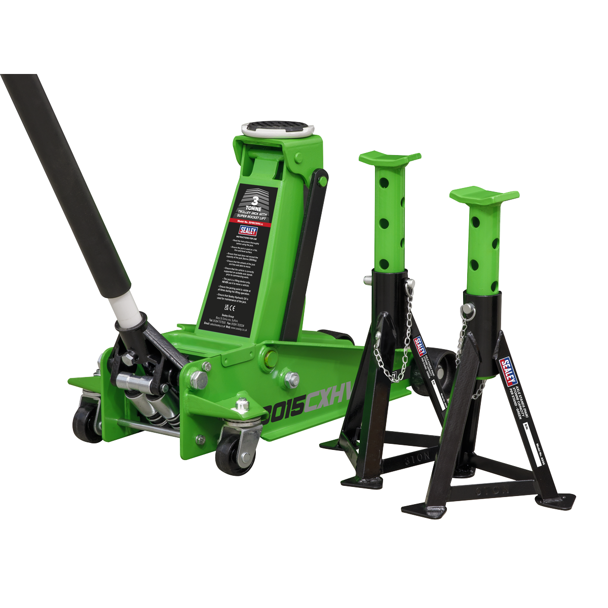 Trolley Jack with Super Rocket Lift 3 Tonne & Axle Stands (Pair) 3 Tonne Capacity per Stand - Green 3015CXHV