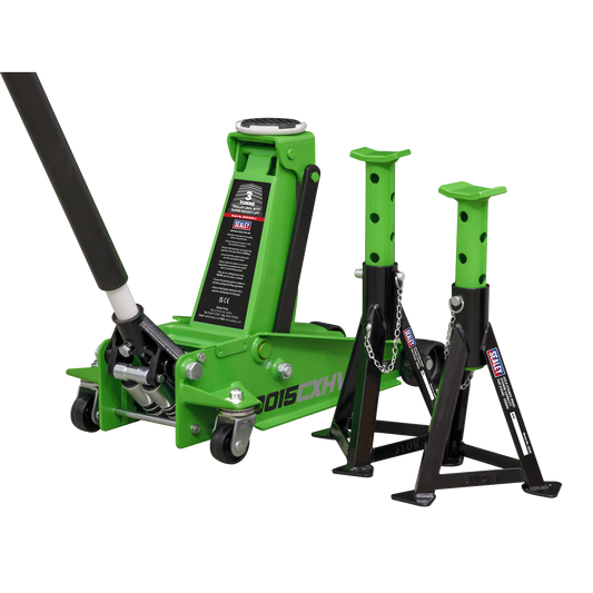 Trolley Jack with Super Rocket Lift 3 Tonne & Axle Stands (Pair) 3 Tonne Capacity per Stand - Green 3015CXHV