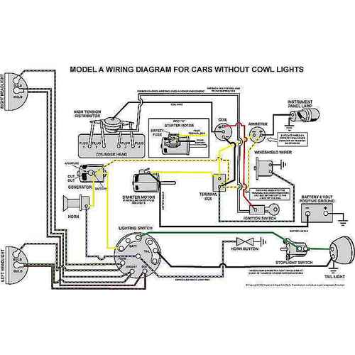 Ford Model A 1928 to 1931 wiring diagram with cowl lamp A14000/1, A-14350-A.&nbsp;