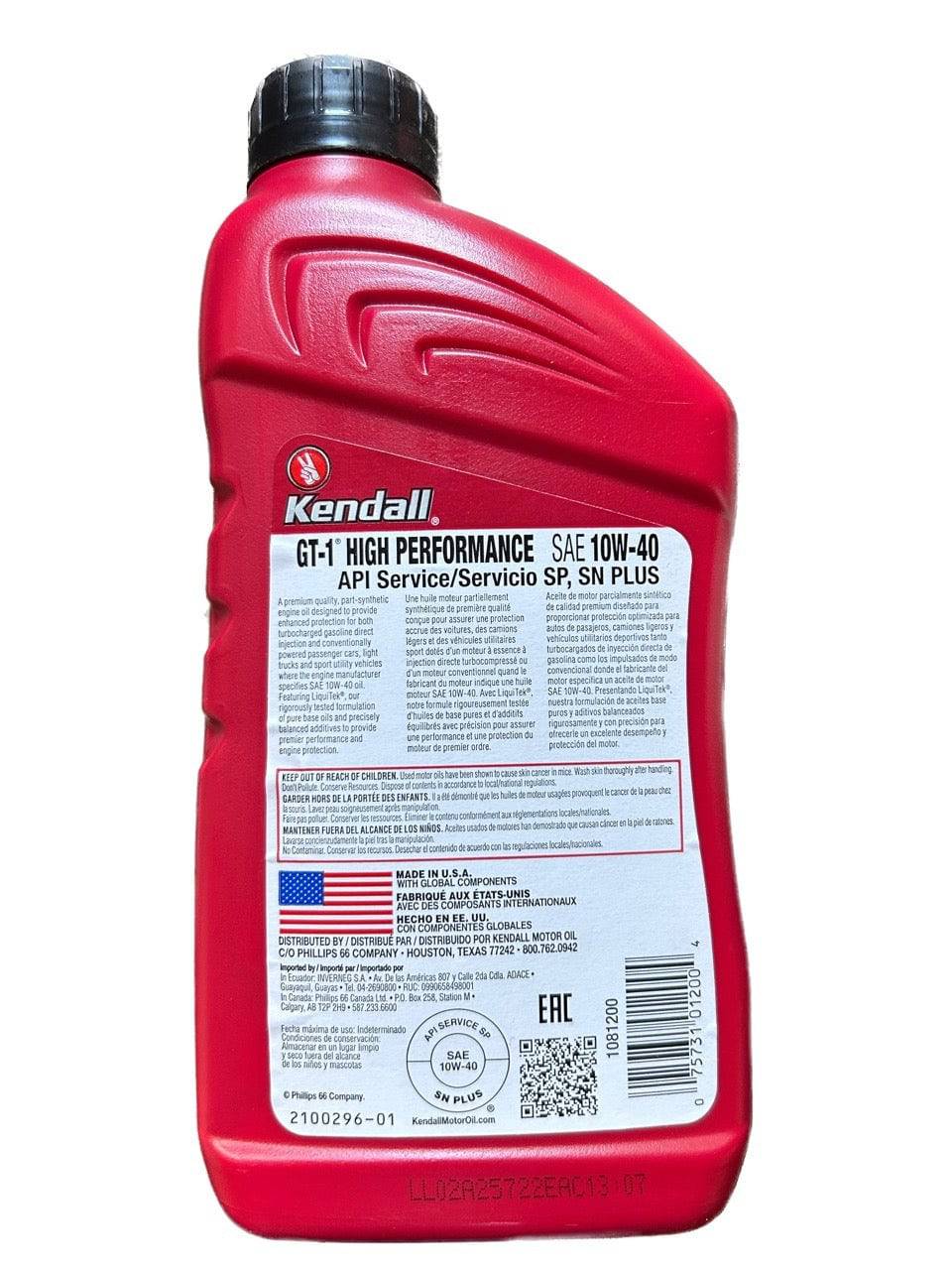 SAE 10W-40 Motor Oil Kendall GT-1 (Synthetic Blend) - Belcher Engineering