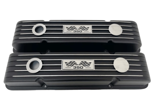 Valve Covers and Air Cleaner Set: SBC 58-86 Short Finned in Black(Aluminium) 350 Logo ** - Belcher Engineering