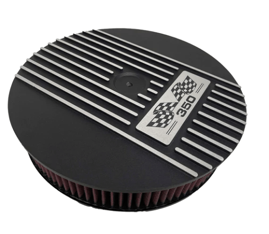 Valve Covers and Air Cleaner Set: SBC 58-86 Short Finned in Black(Aluminium) 350 Logo ** - Belcher Engineering