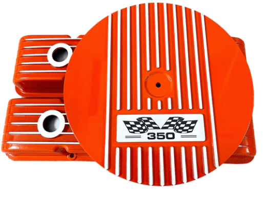 Valve Covers and Air Cleaner Set: SBC 58-86 Short Finned in Orange(Aluminum) 350 Logo ** - Belcher Engineering