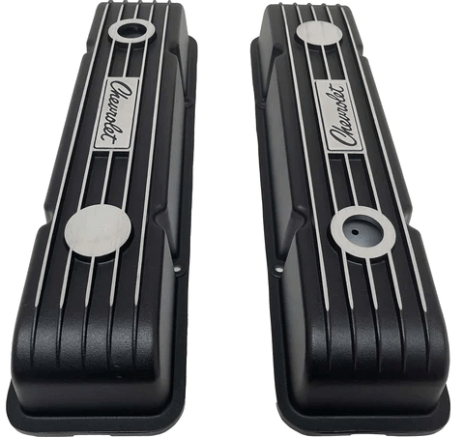 Valve Covers: SBC 58-86 Short Finned in Black(Aluminum) Chevrolet Logo** - Belcher Engineering