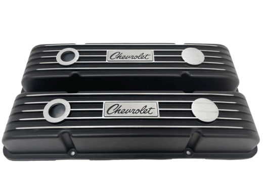 Valve Covers: SBC 58-86 Short Finned in Black(Aluminum) Chevrolet Logo** - Belcher Engineering