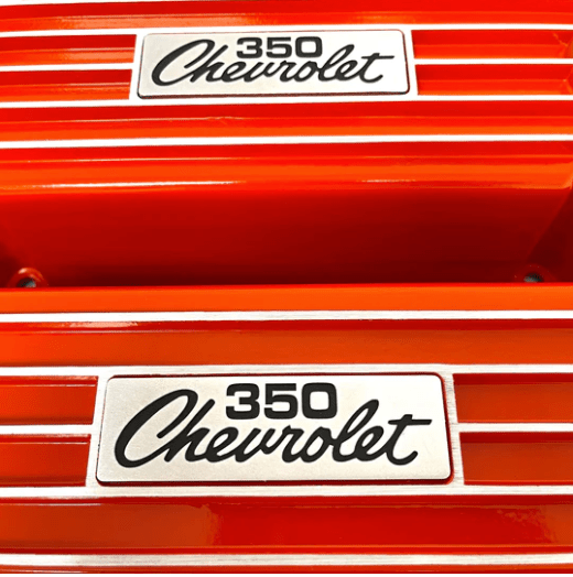 Valve Covers: SBC 58-86 Short Finned in Orange(Aluminum) 350 Logo - Belcher Engineering