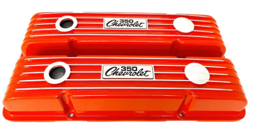 Valve Covers: SBC 58-86 Short Finned in Orange(Aluminum) 350 Logo - Belcher Engineering