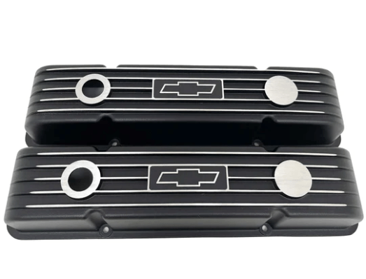 Valve Covers: SBC Black Chevy Logo Finned** - Belcher Engineering