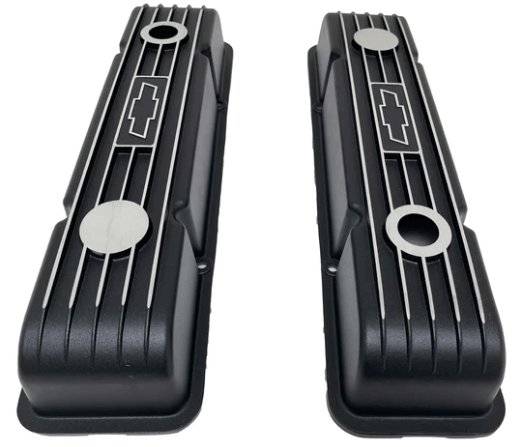 Valve Covers: SBC Black Chevy Logo Finned** - Belcher Engineering