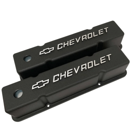 Valve Covers: SBC Cast Aluminum W/ Chevrolet Logo Black** - Belcher Engineering