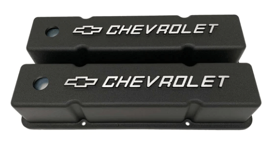 Valve Covers: SBC Cast Aluminum W/ Chevrolet Logo Black** - Belcher Engineering